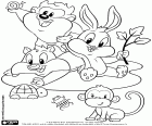 Três personagens Baby Looney Tunes bricando com outros pequenos animais, um macaco, uma tartaruga, um besouro e um caracol