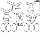 Quebra-cabeça do videogame Angry Birds. Os pássaros furiosos, os ovos e os porcos