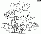 Pocoyo brincando junto com seus amigos Ella, Pato, Sonequita e Valentina, com um jogo de blocos