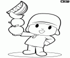Pocoyo com fruta na mão dele. Pocoyo adora fruta que é um alimento que fornece muitas vitaminas