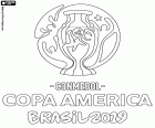 Logotipo da 2019 de Brasil Copa América que tem lugar entre 14 de junho e 7 de julho de 2019, no Brasil. As doze equipes participantes são 10 da CONMEBOL e duas equipes convidadas, Qatar e Japão. Da CONMEBOL são Argentina, Bolívia, Brasil, Chile, Colômbia, Equador, Paraguai, Peru, Uruguai e Venezuela