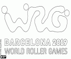 Logotipo do World Roller Games Barcelona 2019. 11 Campeonato Mundial de esportes na roda pequena em Barcelona e outras cidades catalãs, Vilanova eu la Geltrú, Sant Cugat del Vallès, Terrassa e Mollet del Vallès de 4-14 de julho de 2019