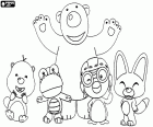 O pinguim Pororo com seus quatro amigos, o castor Loopy, o dinossauro Crong, o urso polar Poby e a raposa Eddy