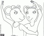 Um desenho para colorir da postura dos braços e cabeças de Angelina e Alice durante o exercício de balé clássico. Uma cena de Angelina Ballerina