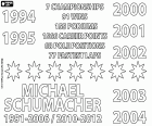 Os números da bem sucedida carreira de Michael Schumacher na Fórmula 1. Os dois primeiros títulos campeões nas temporadas de 1994 e 1995 com a equipe benetton racing. Os outros cinco títulos foram conquistados consecutivamente na equipe Ferrari de 2000 a 2004
