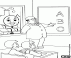 Thomas o trem visto da janela da sala de aula, onde as crianças estão aprendendo o alfabeto com seu professor