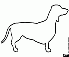 Um desenho com a silhueta alongada característica de um cão da raça dachshund, bassê ou teckel, popularmente conhecido como cachorro salsicha