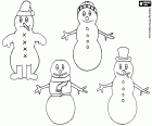 Desenho de quatro bonecos de neve diferentes para colorir. Cada boneco de neve é decorado com acessórios diferentes