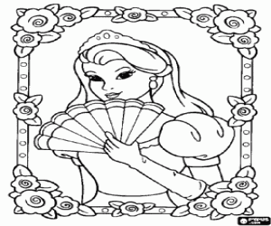desenho de Retrato da princesa com leque para colorir