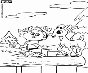 desenho de Rudolph a rena e Hermey o elfo para colorir