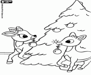 desenho de Rudolph, Clarice e árvore de Natal para colorir