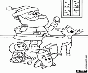 desenho de Rudolph, Papai Noel e brinquedos para colorir