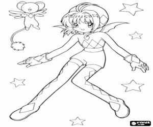 desenho de Sakura e Kero entre as estrelas para colorir