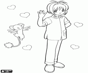 desenho de Sakura e Kero com os corações para colorir