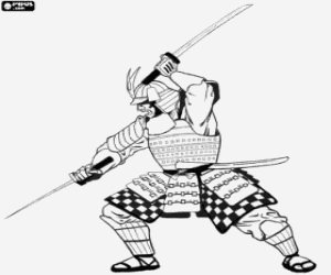 desenho de Samurai com armadura e katanas para colorir