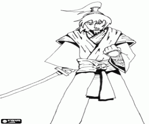 desenho de Samurai com quimono e katana para colorir