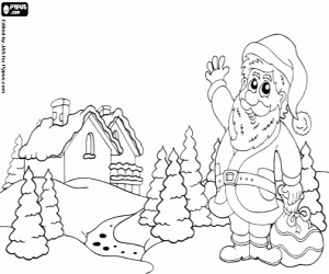 desenho de Santa Claus em uma paisagem de neve para colorir
