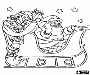 desenho de Santa Claus com trenó e presentes para colorir