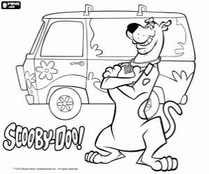 desenho de Scooby Doo com o furgão VW para colorir