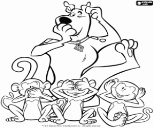 desenho de Scooby Doo e três macacos sábios para colorir