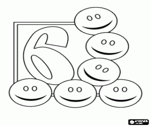 desenho de Seis círculos sorrindo e número 6 para colorir
