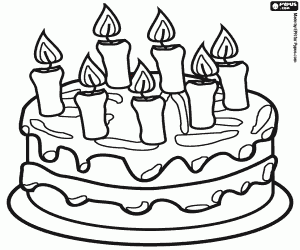 desenho de Sete velas no bolo de aniversário para colorir