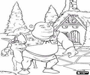 desenho de Shrek e burro em uma caminhada para colorir