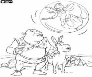 desenho de Shrek e Burro com a fada madrinha para colorir