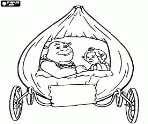 desenho de Shrek e Fiona na carruagem para colorir