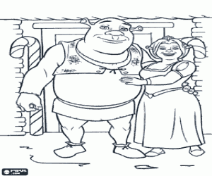 desenho de Shrek e Fiona em Natal para colorir