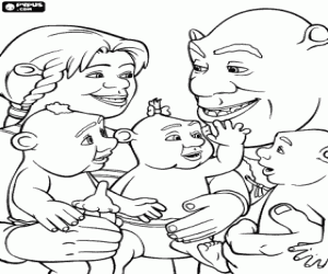 desenho de Shrek, Fiona com seus filhos para colorir