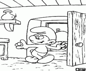 desenho de O Smurf sai de sua casa para colorir
