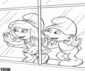desenho de Smurfette e Desastrado perto da janela para colorir
