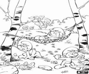 desenho de Os smurfs apreciando a floresta para colorir