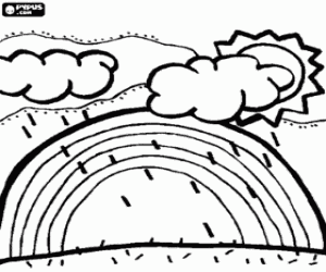 desenho de Sol, nuvens, chuva e arco-íris para colorir