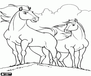 desenho de Spirit e Chuva, cavalo e égua para colorir