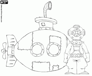 desenho de Submarino e o mergulhador com escafandro para colorir