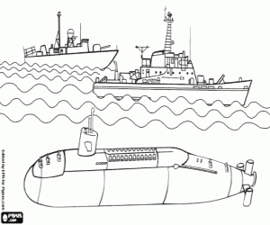 desenho de Submarino e navios militares para colorir