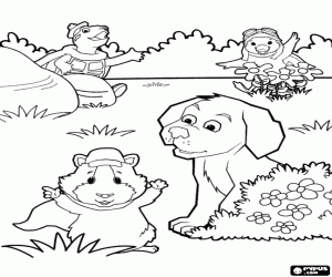 desenho de Os Super Fofos e o cão no jardim para colorir