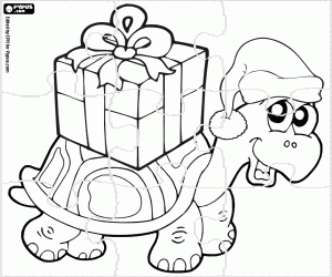 desenho de Uma tartaruga no Natal, quebra-cabeça para colorir
