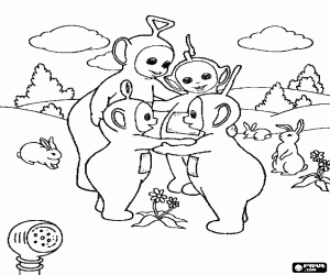 desenho de Os Teletubbies com os coelhinhos para colorir