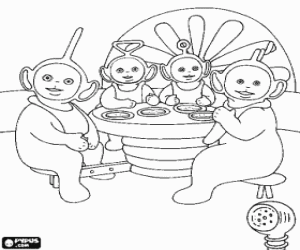 desenho de Os Teletubbies na mesa para o almoço para colorir