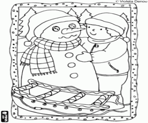 desenho de Teo, boneco de neve e trenó para colorir