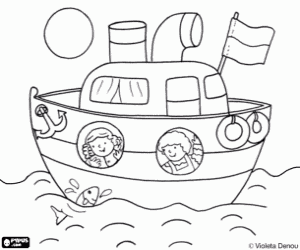 desenho de Teo e Clara de barco para colorir