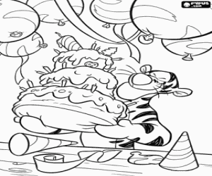 desenho de Tigrão e um bolo de aniversário para colorir