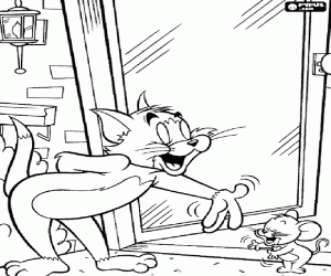desenho de Tom e Jerry em frente da porta para colorir