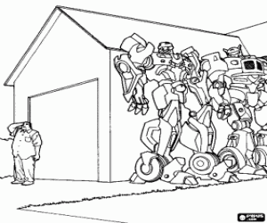 desenho de Transformers robôs e a garagem para colorir