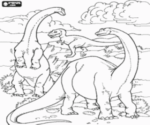 desenho de Três dinossauros e a paisagem para colorir