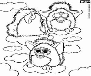 desenho de Três Furbys sobre as nuvens para colorir
