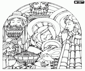 desenho de Três reis Magos com Jesus e Maria para colorir